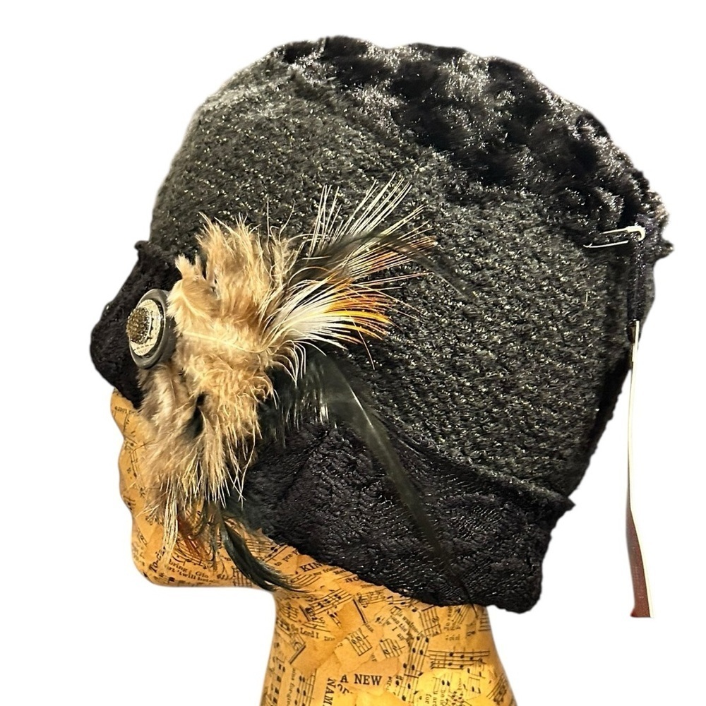 Handcrafted Boho Chic Flapper Style Handcrafted Knit Hat Feathers Button NWT